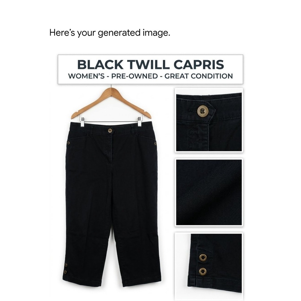 Karen Scott Black Twill Capri Pants Women Size 14 Button Hem Cropped Mid Rise
